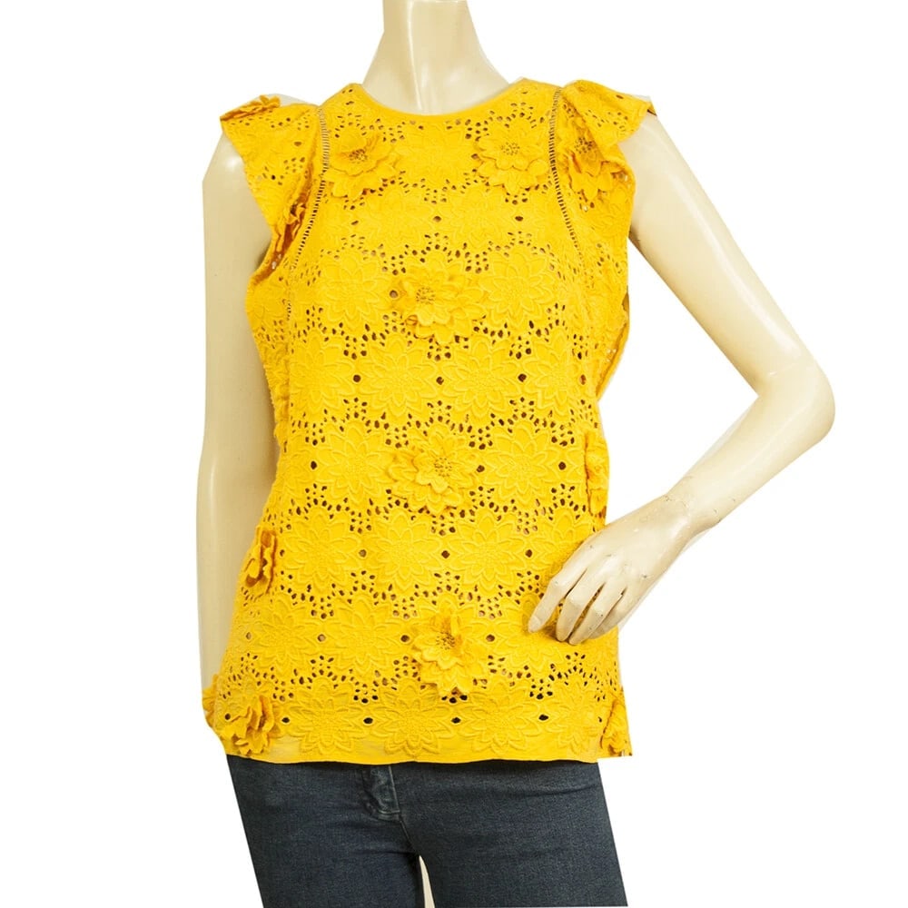 Michael by Michael Kors Yellow Silk Floral Embroidery Ruffles Top Blouse size 2: Title:Michael by Michael Kors Yellow Silk Floral Embroidery Ruffles Top Blouse size 2 Description:Michael Kors Blue Tie Neck 3/4 Sleeves Floral Tunic Top Blouse size P Michael by Michael Kors Yellow