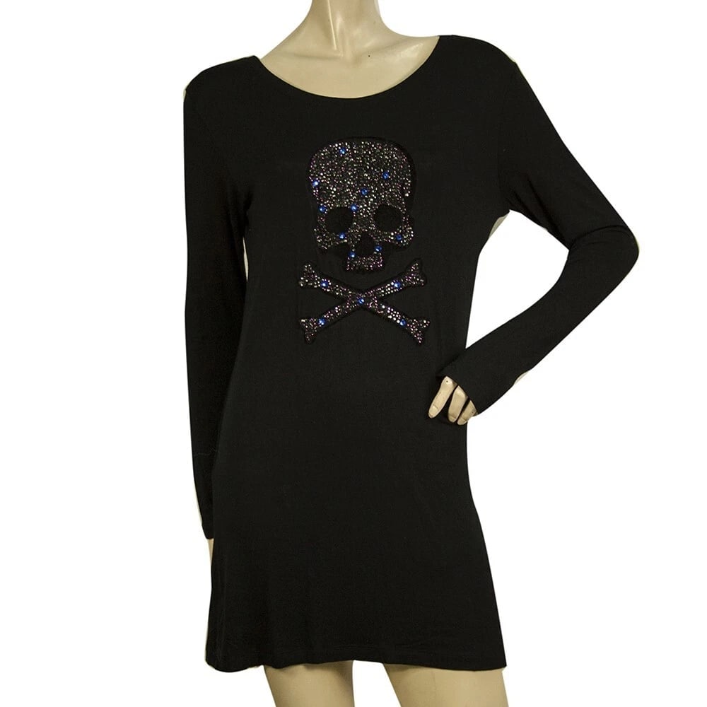 Philipp Plein Black Long Sleeves Rhinestones Skull T-shirt Mini Dress size XL: Title:Philipp Plein Black Long Sleeves Rhinestones Skull T-shirt Mini Dress size XL Description:IRO Black Sanyia Cap Sleeves Polyester Jersey Mini Dress size 36 Philipp Plein Black Long Sleeves