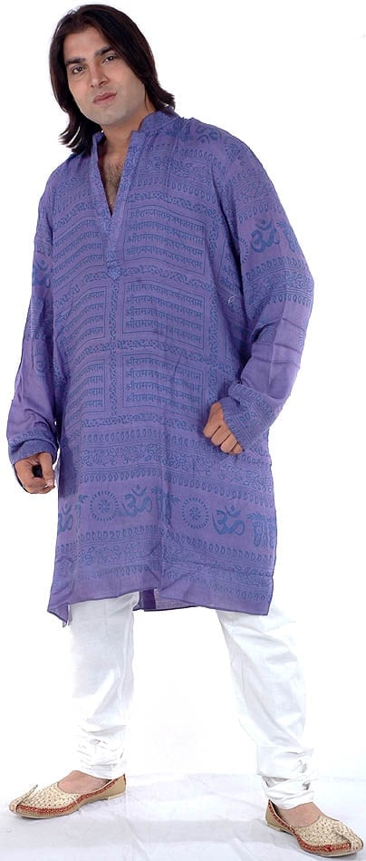 Deep-Periwinkle Printed Kurta Set with Jai Sri Rama Mantra: Title:Deep-Periwinkle Printed Kurta Set with Jai Sri Rama Mantra Description:This Poly Cotton Kurta in Deep-Periwinkle color is enriched with spiritual symbols. The Jai Shri Ram Mantra printed all