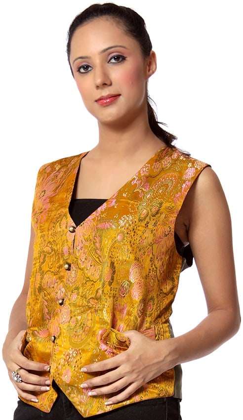 Mustard Brocaded Waistcoat from Nepal: Title:Mustard Brocaded Waistcoat from Nepal Reference:itemcode : AX31 Reserve: $41.00 Shipping: Domestic: Shipping rates are determined by destination International: Foreign shipping rates are
