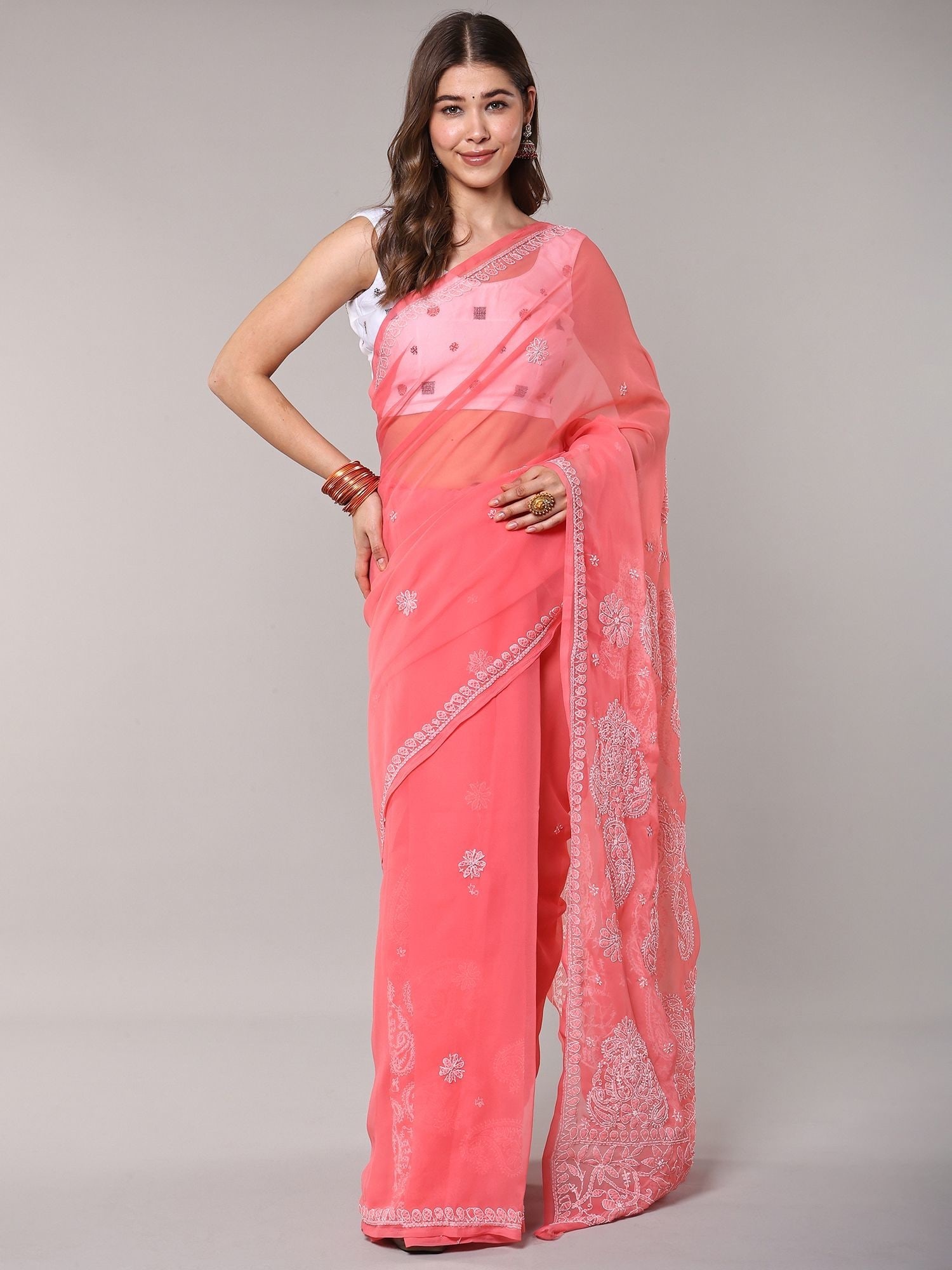 Geranium-Pink Georgette Saree with Lukhnavi Chikan Embroidered Paisleys: Title:Geranium-Pink Georgette Saree with Lukhnavi Chikan Embroidered Paisleys Reference:itemcode : CA0002 Reserve: $88.00 Shipping: Domestic: Shipping rates are determined by destination