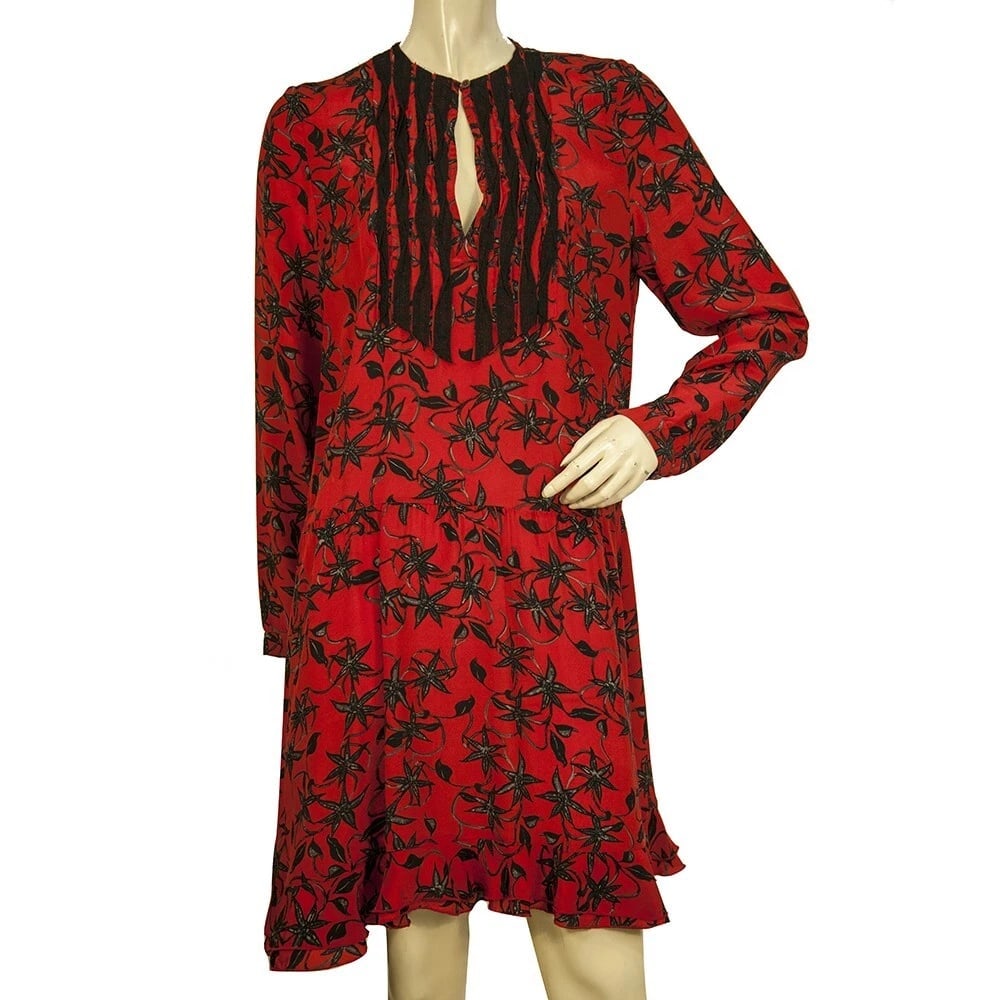 Zadig & Voltaire Remus Floral Print Red Black Ruffled 100% Silk Mini dress sz S (1 of 6)