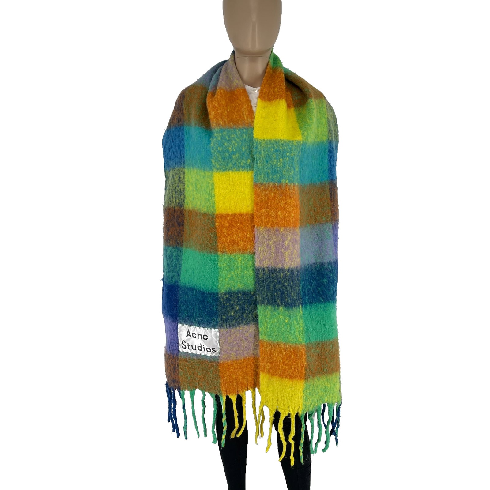 Acne Studios Green Colored Block 80% Wool Scarf: Title: Acne Studios Green Colored Block 80% Wool Scarf Brand:Acne Studios Date/Period: Modern Materials:80% Wool 20% Nylon Size:One Size Description:Acne Studios Green Colored Block 80% Wool Scarf