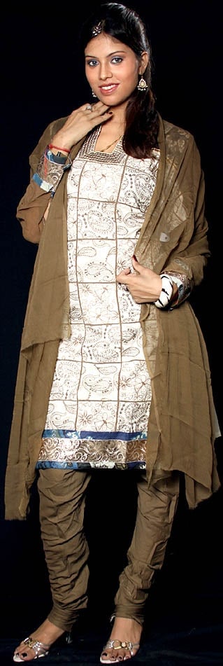 Ivory and Brown Designer Salwar Kameez with Embroidered Paisleys: Title:Ivory and Brown Designer Salwar Kameez with Embroidered Paisleys Reference:itemcode : AH98 Reserve: $98.00 Shipping: Domestic: Shipping rates are determined by destination International: