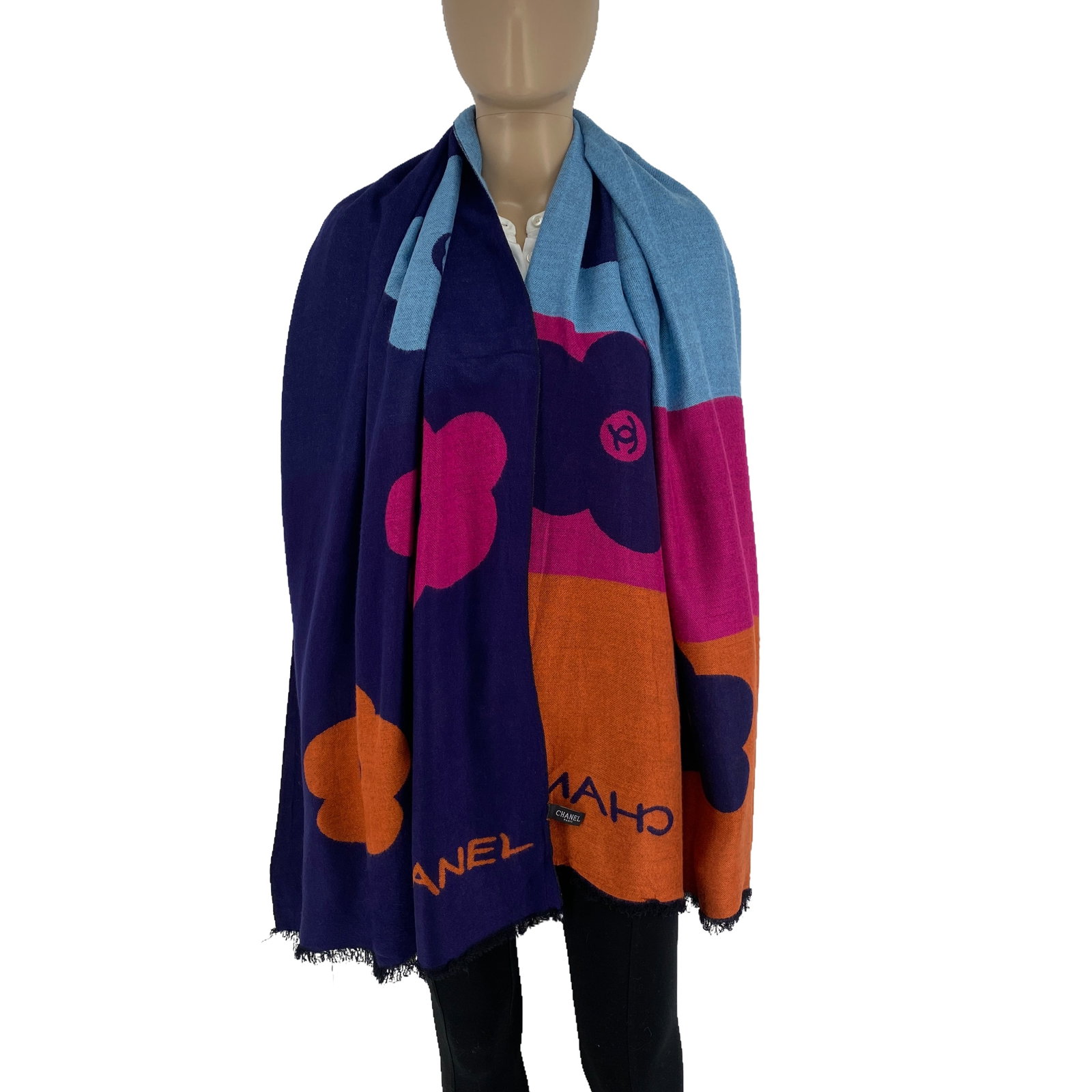 Chanel 50% Silk 50% Wool Multicolour Scarf Shawl: Title: Chanel 50% Silk 50% Wool Multicolour Scarf Shawl Brand:Chanel Date/Period: Vintage Materials:50% Silk 50% Wool Size:One Size Description:Chanel 50% Silk 50% Wool Multicolour Scarf Shawl