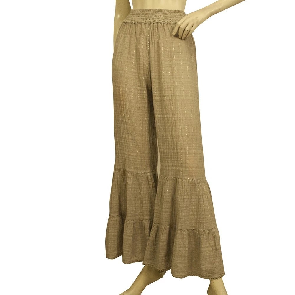 Christian Zen Beige w. Gold Shine Ruffled Pants Summer Trousers (1 of 6)