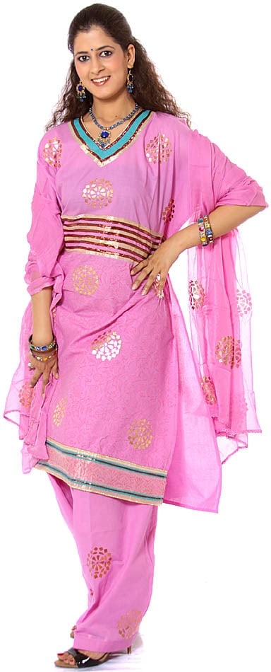 Pink Salwar Kameez Fabric with Painted Bootis and Gota Work: Title:Pink Salwar Kameez Fabric with Painted Bootis and Gota Work Description:Drape yourself in the ethereal allure of this Pink Salwar Kameez, a spectacular creation. It has been crafted from pure
