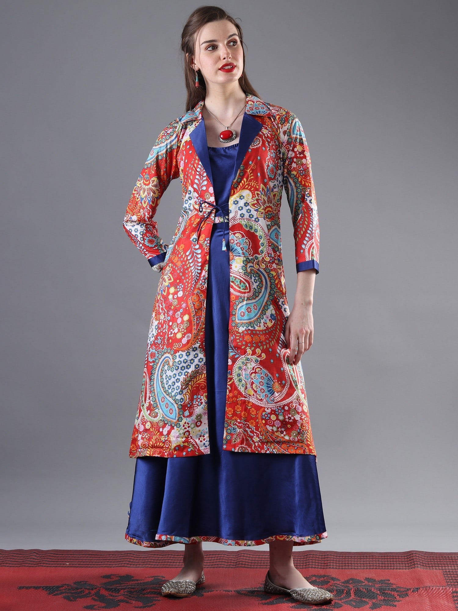 Multicolor Kalka Printed Cotton Notch Collar Long Jacket With Royal-Blue Satin Crop-top And Skirt - (1 of 2)