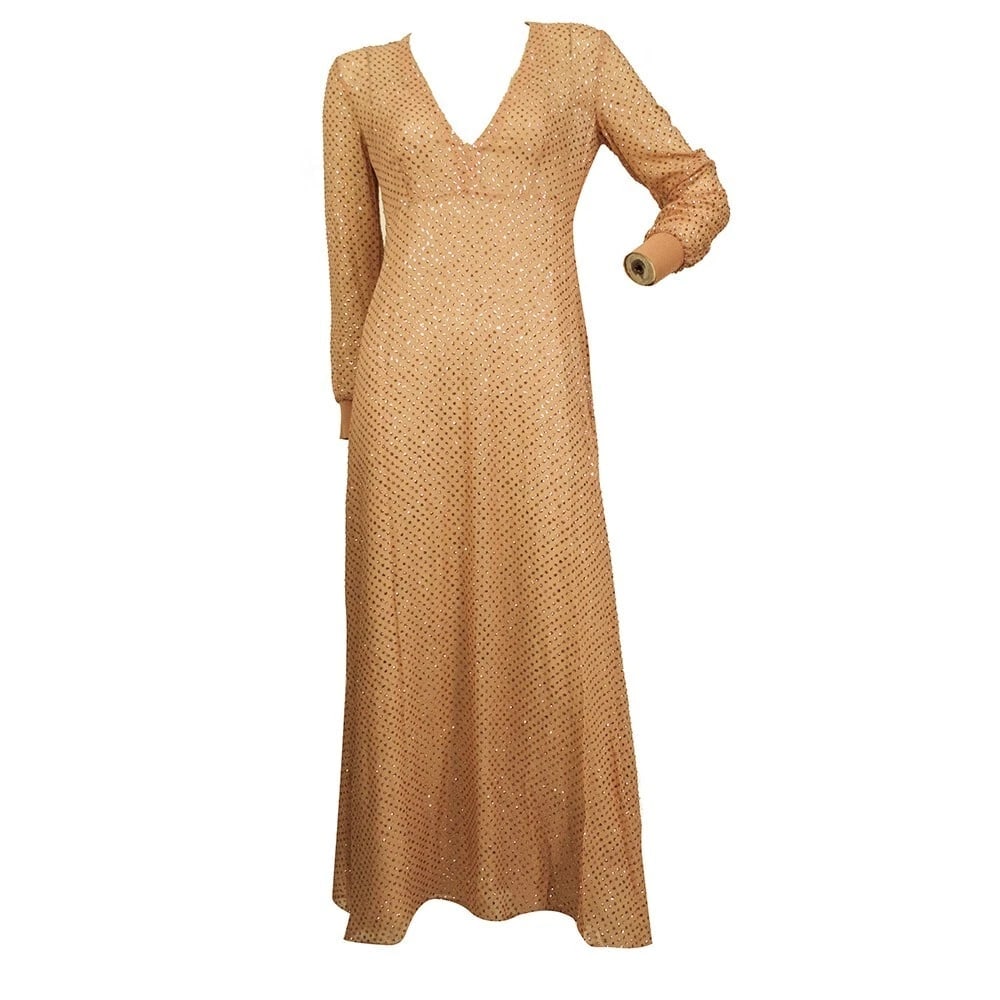 Red Valentino salmon pink silk metallic thread dot longsleeve V neck dress Sz 40 - 10