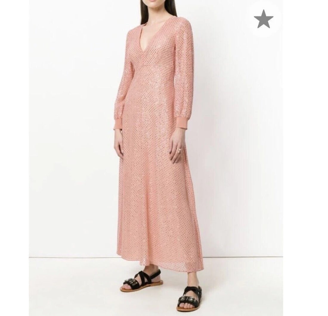 Red Valentino salmon pink silk metallic thread dot longsleeve V neck dress Sz 40 - 11