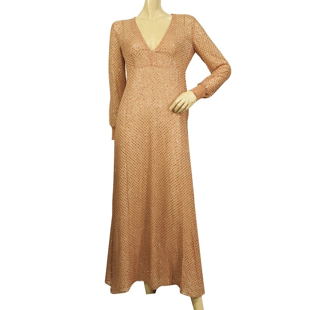 Red Valentino salmon pink silk metallic thread dot longsleeve V neck dress Sz 40 (1 of 11)