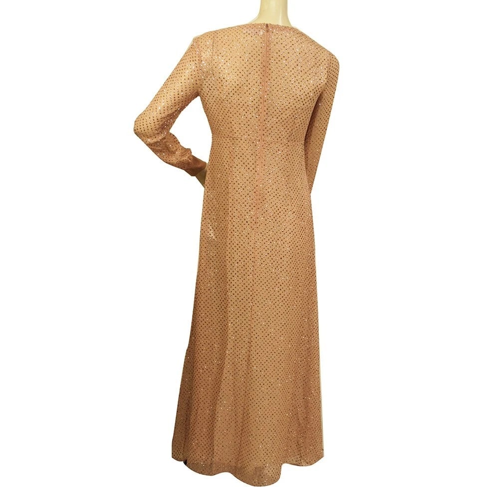 Red Valentino salmon pink silk metallic thread dot longsleeve V neck dress Sz 40 - 2
