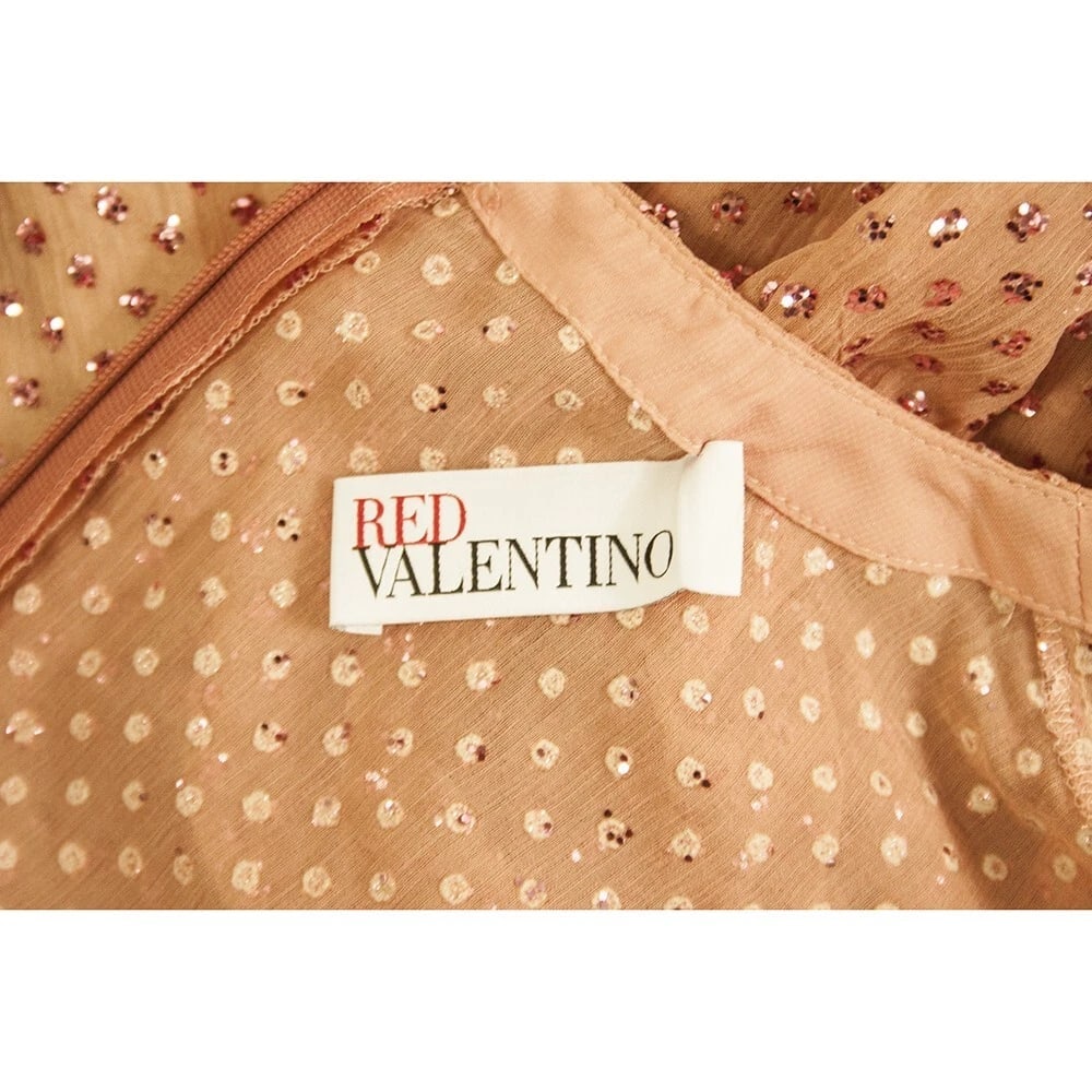 Red Valentino salmon pink silk metallic thread dot longsleeve V neck dress Sz 40 - 3