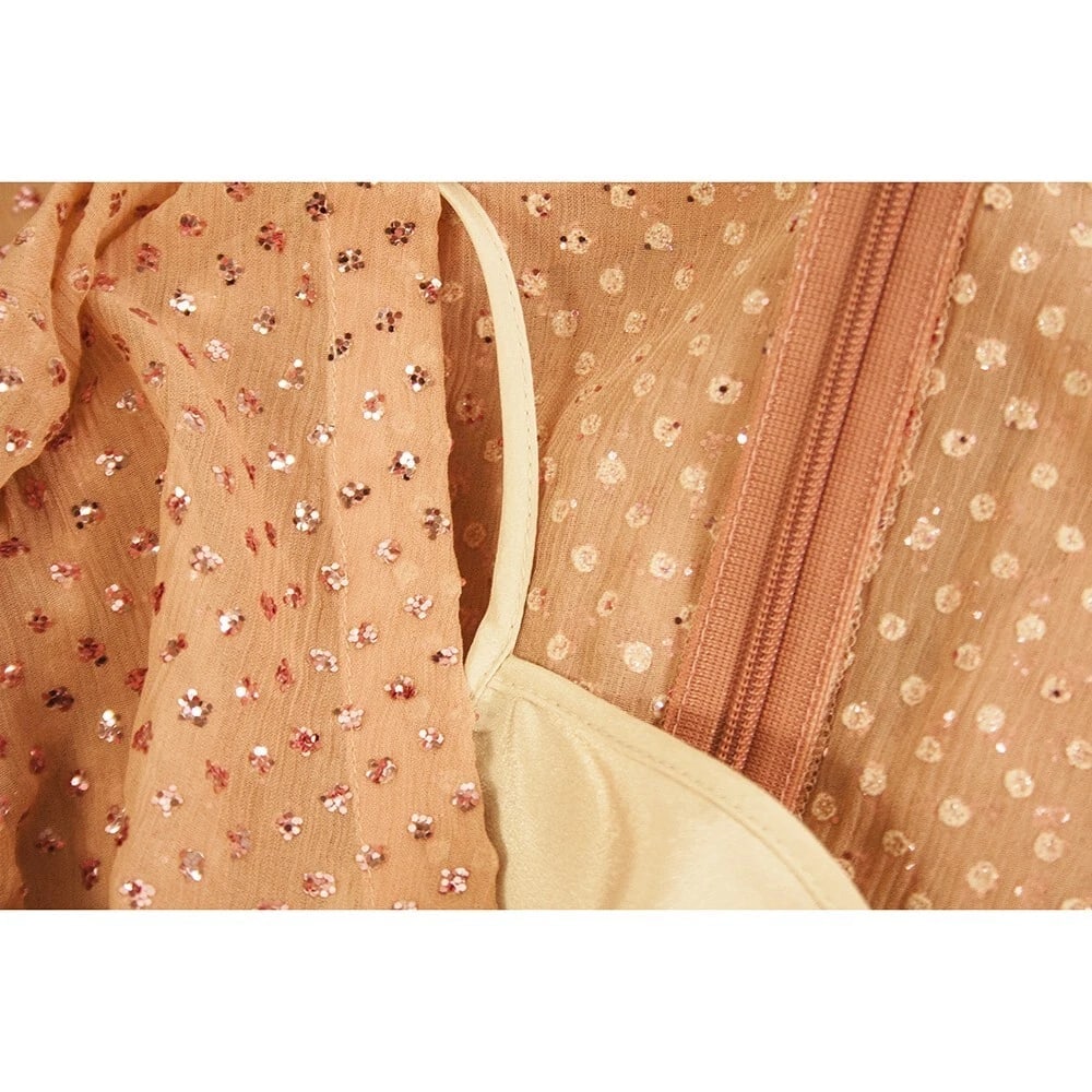 Red Valentino salmon pink silk metallic thread dot longsleeve V neck dress Sz 40 - 7