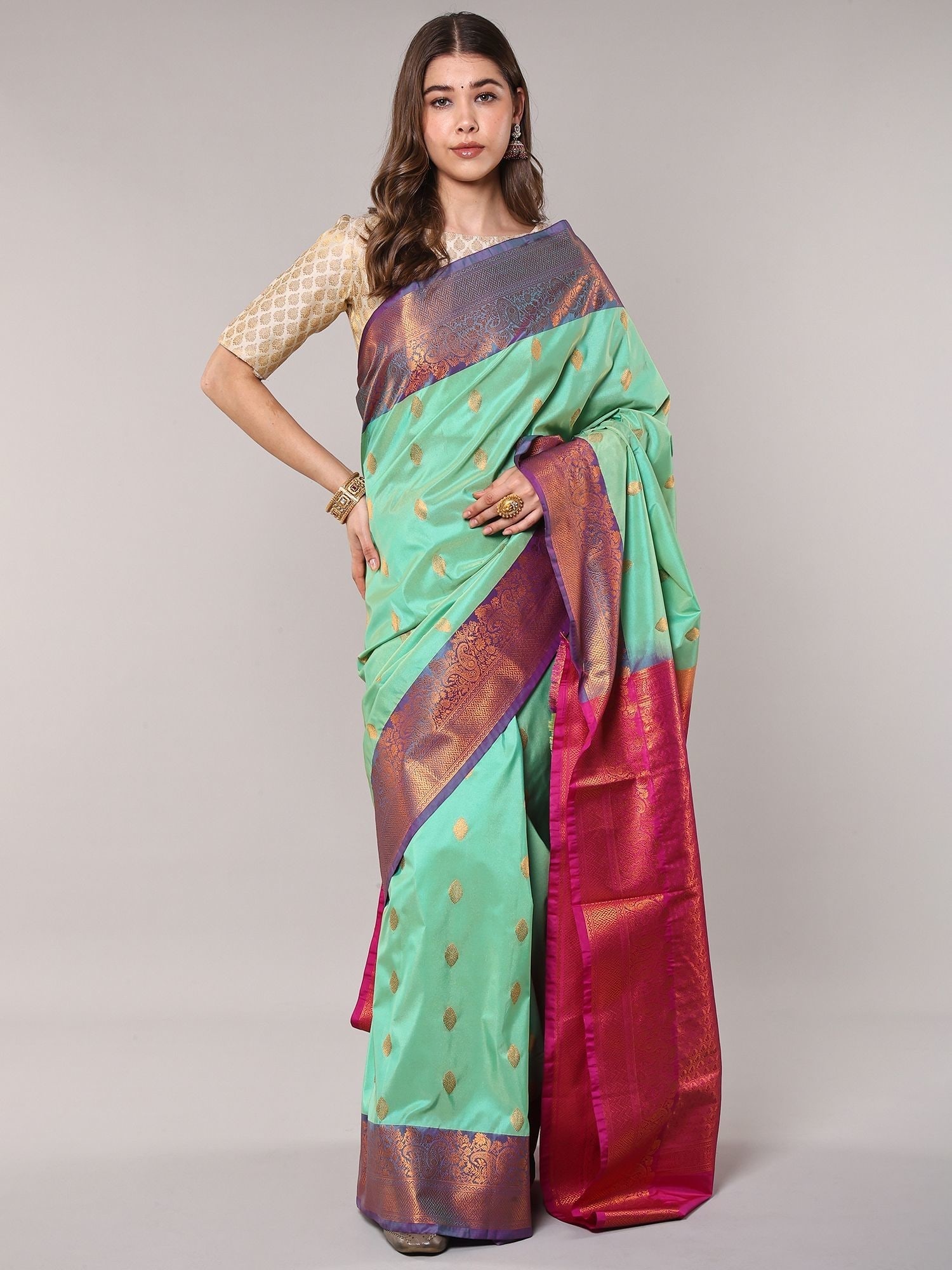 Absinthe-Green Saree from Bangalore with Zari Woven Bootis and Contrast Paisley Border: Title:Absinthe-Green Saree from Bangalore with Zari Woven Bootis and Contrast Paisley Border Reference:itemcode : CA0010 Reserve: $135.00 Shipping: Domestic: Shipping rates are determined by