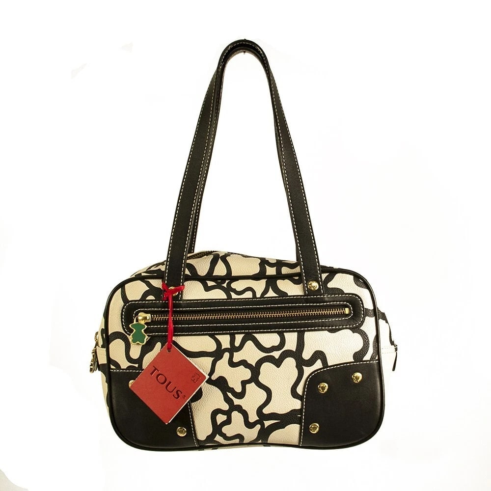 TOUS Black White Bear Signature Canvas Black Leather Studs Satchel Handbag bag (1 of 7)