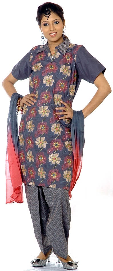 Gray Salwar Suit Fabric with All-Over Floral Aari Embroidery and Crystals: Title:Gray Salwar Suit Fabric with All-Over Floral Aari Embroidery and Crystals Description:A classy appeal is felt in this salwar kameez , which comes in a lovely grey tone, in case bright colors
