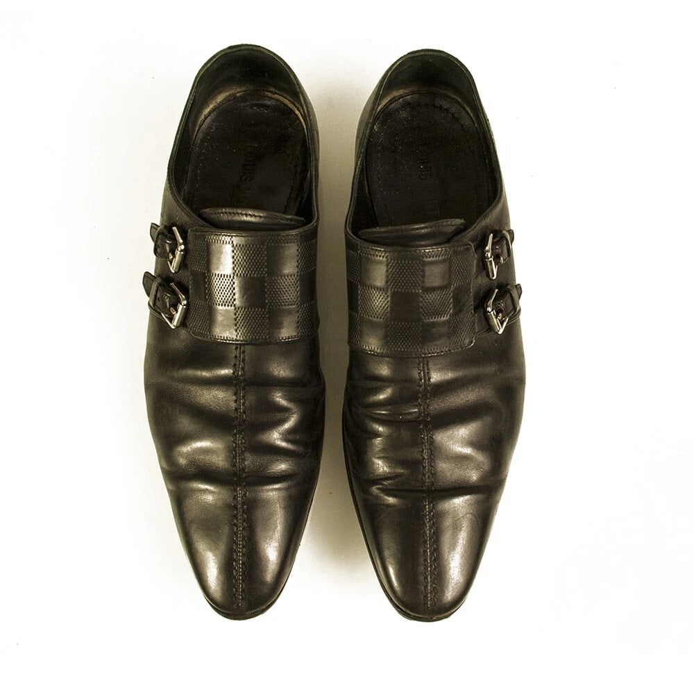 Louis Vuitton LV Men's Damier Black Leather Double Buckle Monk Shoes size 7.5 (1 of 12)