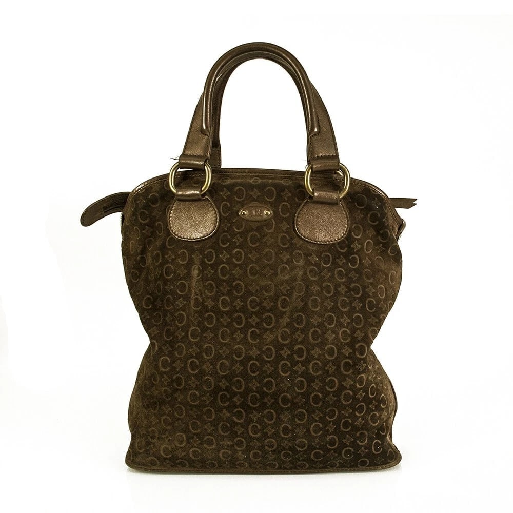 Celine Monogram Brown Suede Shiny Leather Top Handles Grab bag Handbag - 2