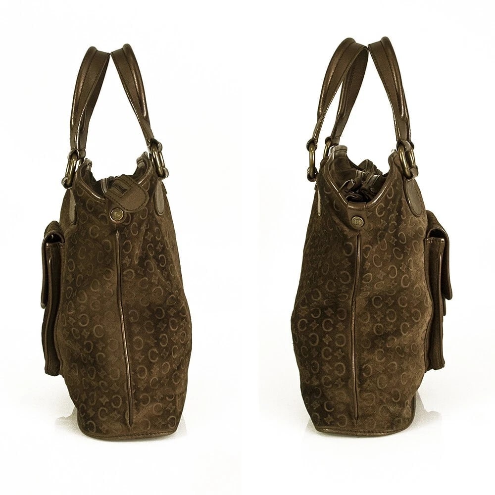 Celine Monogram Brown Suede Shiny Leather Top Handles Grab bag Handbag - 4