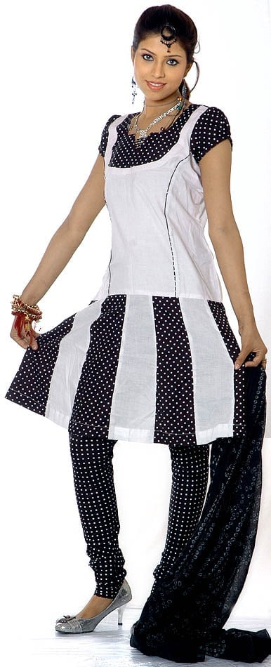 Black and White Polka Dotted Suit with Flaired Kameez (1 of 1)
