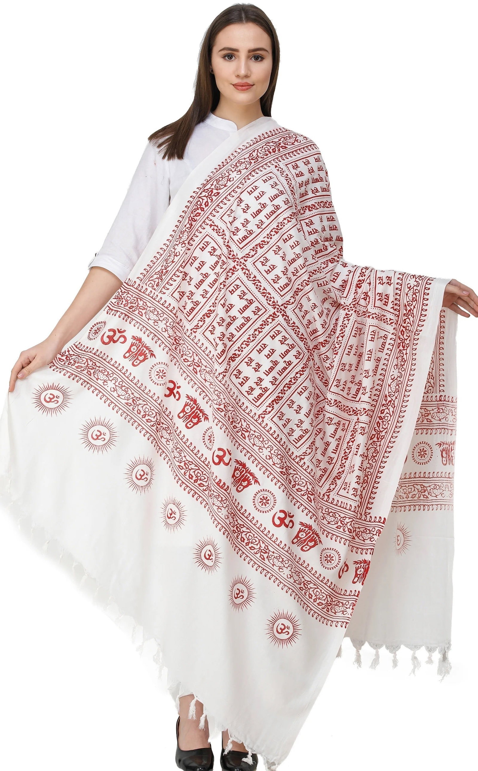 Hare Ram Hare Krishna Prayer Shawl from Banaras | Poly Cotton Religious Clothes: Title:Hare Ram Hare Krishna Prayer Shawl from Banaras | Poly Cotton Religious Clothes Description:This shawl from Banaras with the sacred mantra ?Hare Ram Hare Krishna? unfolds a tapestry of heavenly