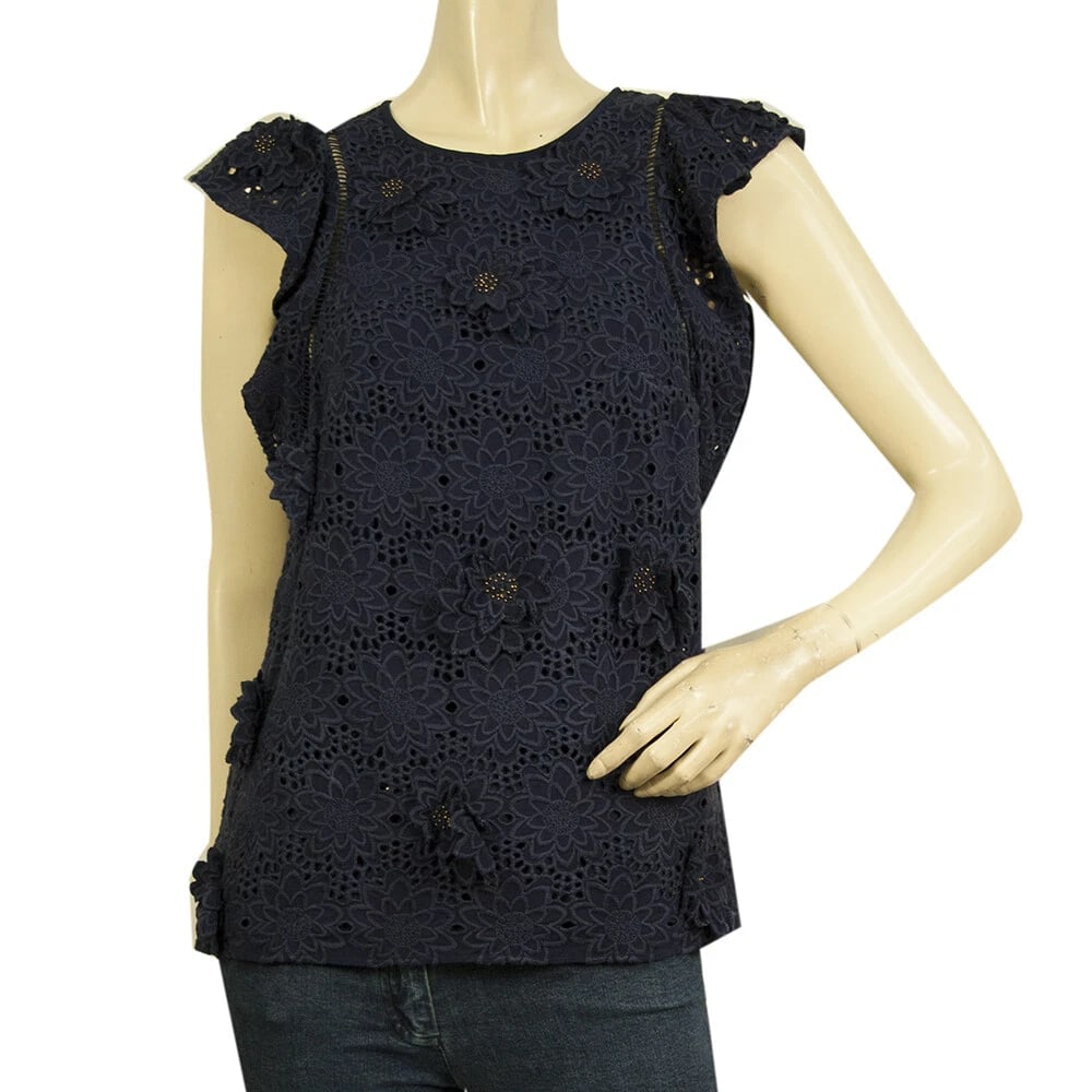 Michael by Michael Kors Blue Silk Floral Embroidery Ruffles Top Blouse size 2 (1 of 6)