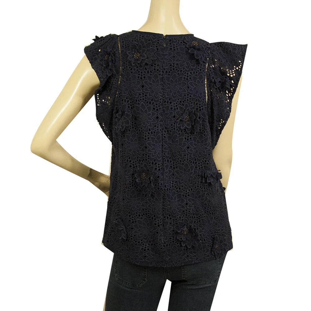 Michael by Michael Kors Blue Silk Floral Embroidery Ruffles Top Blouse size 2 - 2