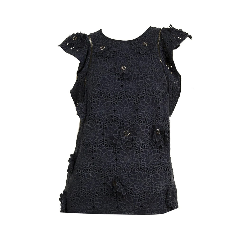 Michael by Michael Kors Blue Silk Floral Embroidery Ruffles Top Blouse size 2 - 5