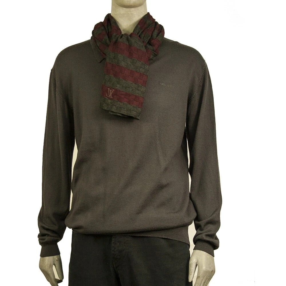 Louis Vuitton gray & burgundy wool & cashmere LV damier pattern mens long scarf - 7