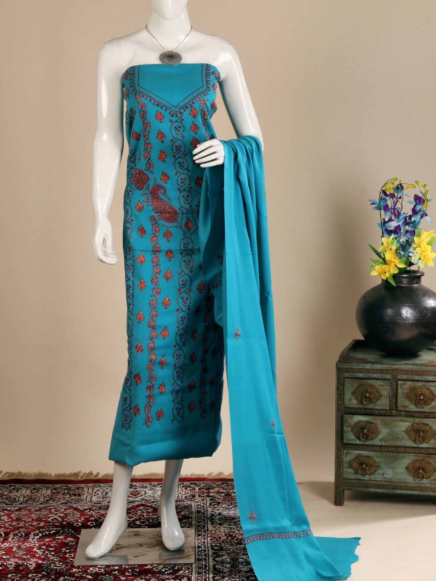 Azure-Blue Pure Wool Aari Embroidered Maple Leaf Vine with Paisley Motif Salwar Kameez Fabric: Title:Azure-Blue Pure Wool Aari Embroidered Maple Leaf Vine with Paisley Motif Salwar Kameez Fabric Description:Craft a look of warmth and luxury with this azure-blue pure wool fabric for salwar