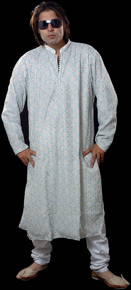 Ivory Kurta with Double Color Embroidery All-Over: Title:Ivory Kurta with Double Color Embroidery All-Over Description:This Ivory Kurta with Double - Colour Embroidery All-Over is a stunning fashion piece crafted from luxurious georgette fabric. This
