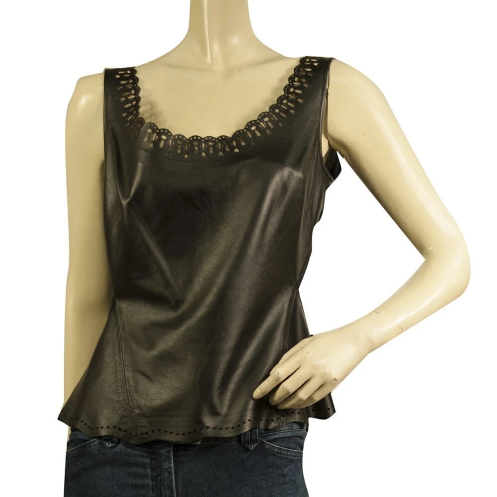 Zac Posen Black Laser Cut Leather Front Silk Back Sleeveless Tank Top size 8: Title:Zac Posen Black Laser Cut Leather Front Silk Back Sleeveless Tank Top size 8 Description:Z Spoke by Zac Posen Black Floral Lace Cotton Sleeveless Top Blouse size 8 Zac Posen Black Laser Cut