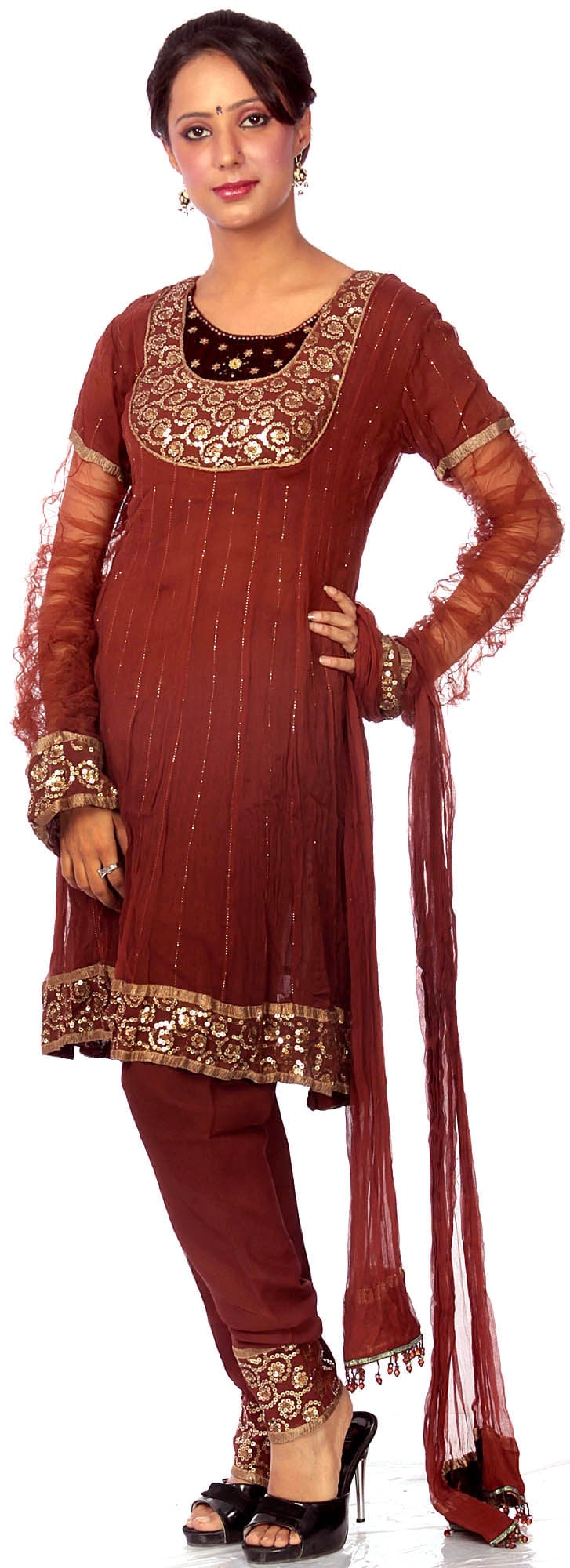 Brown Flared Churidar Salwar Kameez with Embroidered Sequins (1 of 2)