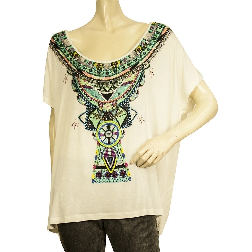 Camilla White Modal Ethnic Beaded Top Boho Oversize T- Shirt size S (1 of 8)