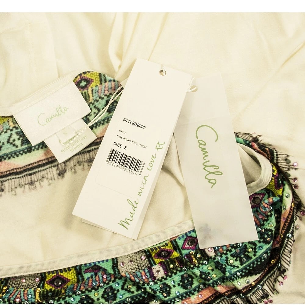 Camilla White Modal Ethnic Beaded Top Boho Oversize T- Shirt size S - 3