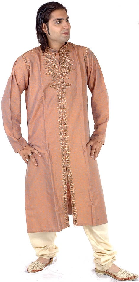 Khaki and Orange Kurta Pajama with All-Over Embroidery: Title:Khaki and Orange Kurta Pajama with All-Over Embroidery Description:This Khaki orange Kurta Pajama with all-over embroidery is just the right answer to that question. Made of pure Khaki fabric,