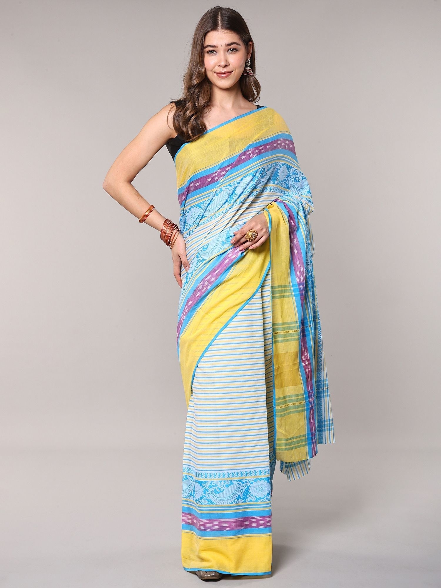 Multi Stripes Cotton Saree from Bengal with Woven Floral Border: Title:Multi Stripes Cotton Saree from Bengal with Woven Floral Border Reference:itemcode : CA0014 Reserve: $73.00 Shipping: Domestic: Shipping rates are determined by destination International: