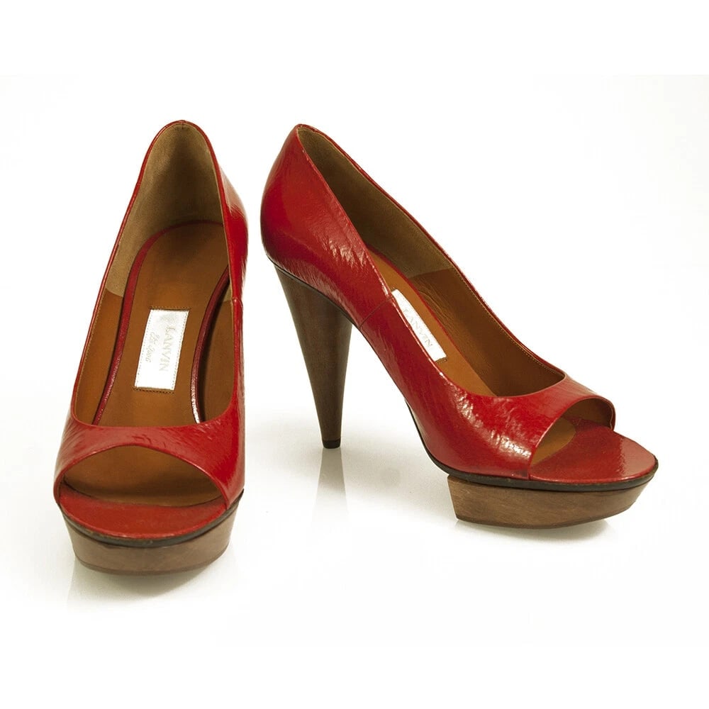 Lanvin Red Patent Leather Wooden Heel Platform Peep Toe Pumps Shoes Size 40: Title:Lanvin Red Patent Leather Wooden Heel Platform Peep Toe Pumps Shoes Size 40 Description:Miu Miu Black Satin Silver Leather Ankle Lace Up Pumps Heels Shoes - Sz 36 Lanvin Red Patent Leather