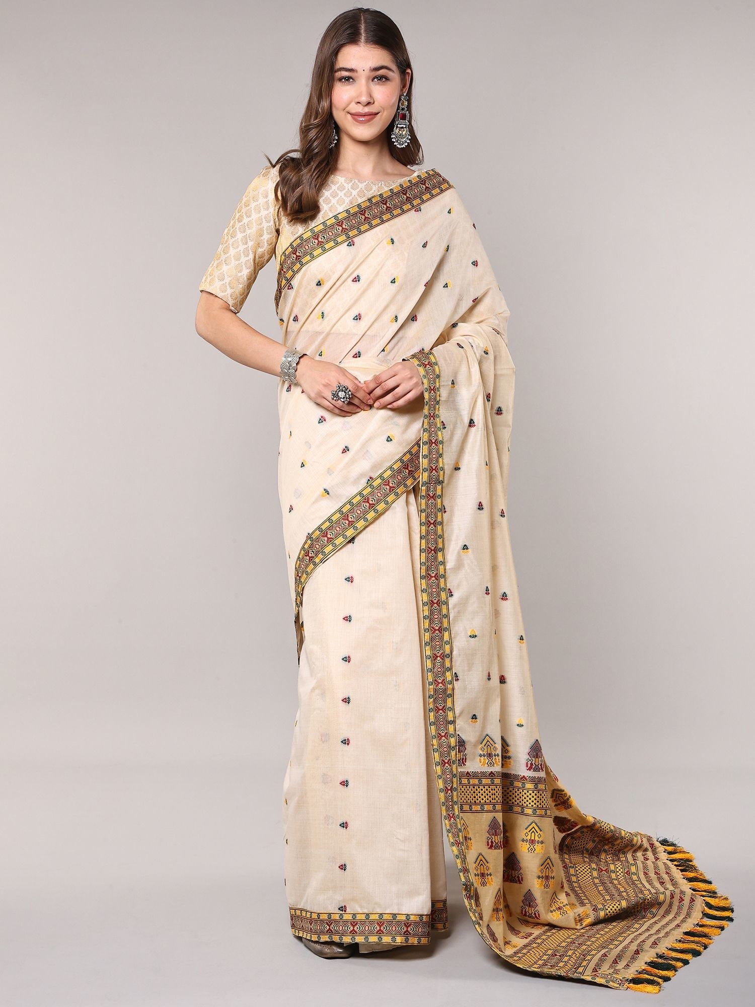 Shifting-Sand Saree with Woven Traditional Assamese Inspired Motifs Pallu and Patchwork Border: Title:Shifting-Sand Saree with Woven Traditional Assamese Inspired Motifs Pallu and Patchwork Border Reference:itemcode : CA0024 Reserve: $233.00 Shipping: Domestic: Shipping rates are determined by