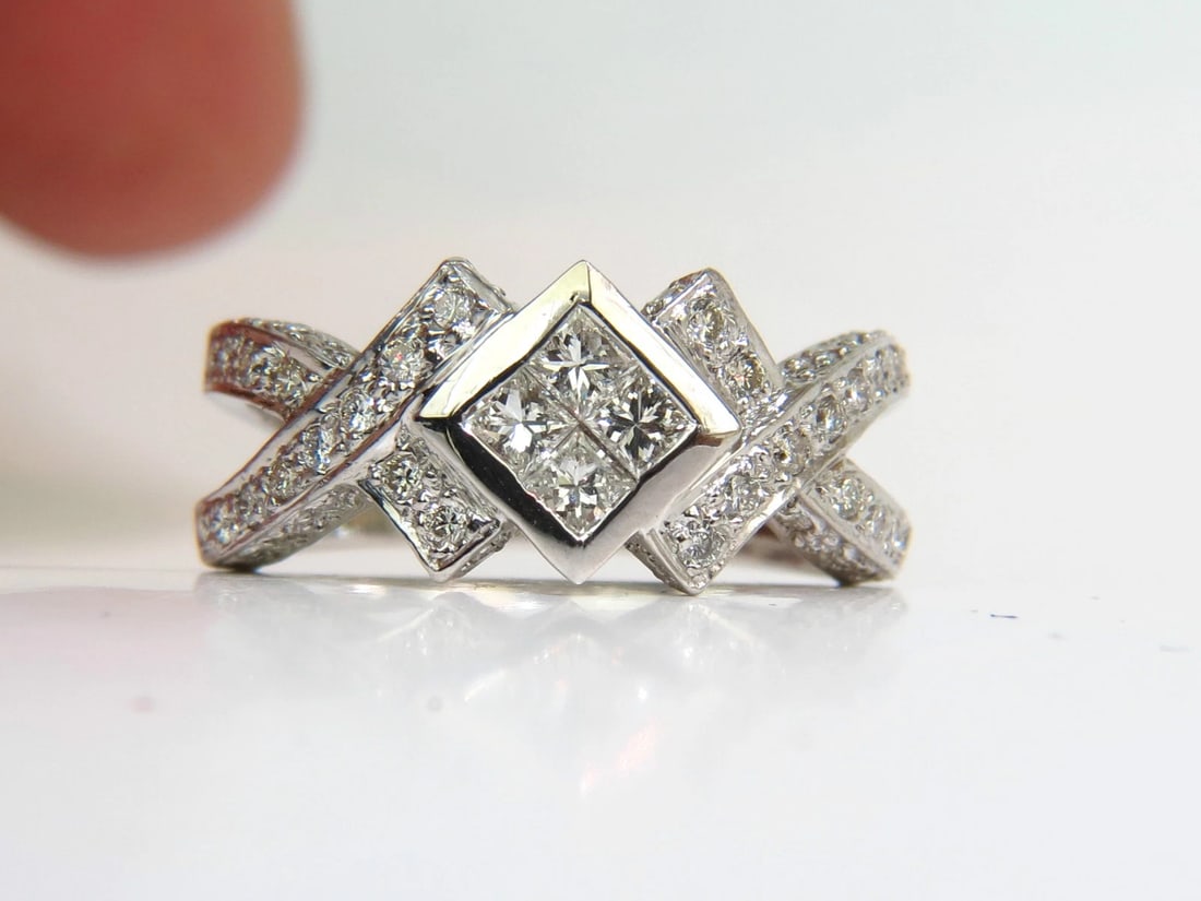 1.00CT NATURAL PRINCESS CLUSTER & ROUNDS CROSSOVER RING SPLIT SHANK 18KT** - 5