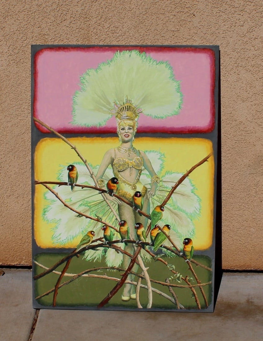 RALPH MASSEY Original Gouache on Board Burlesque Show Girl with Birds: Title:RALPH MASSEY Original Gouache on Board Burlesque Show Girl with Birds Description:RALPH ALLEN MASSEY (b. 1938). Burlesque Show Girl with Birds, 2008 (Artist's title: Masked Lovebirds), 35-1/8"