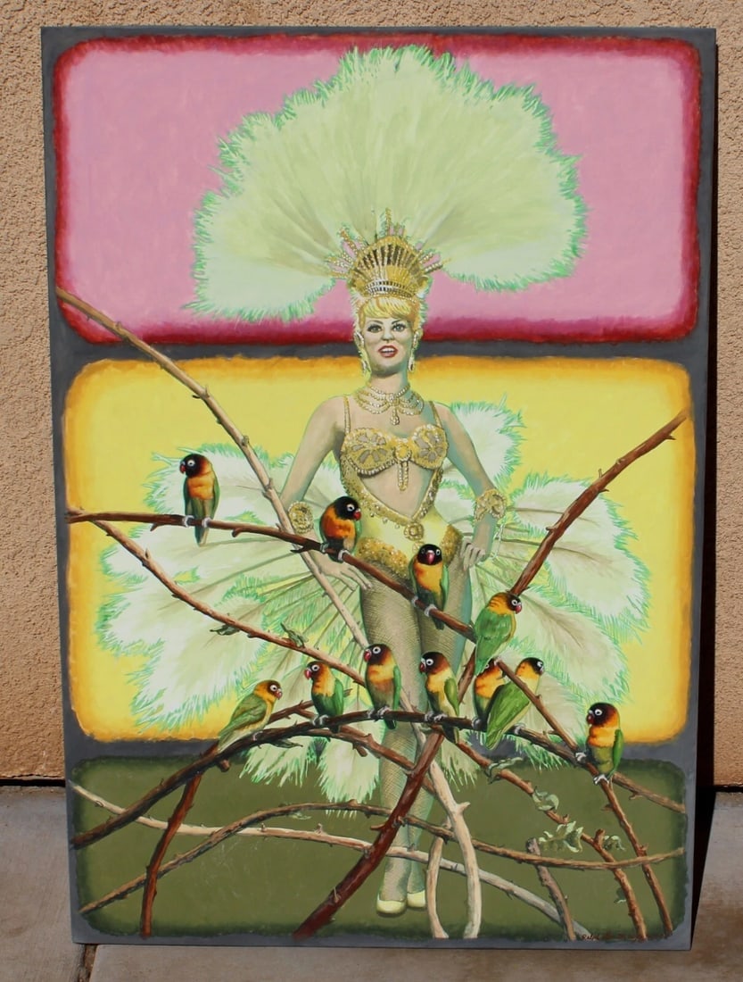 RALPH MASSEY Original Gouache on Board Burlesque Show Girl with Birds - 3