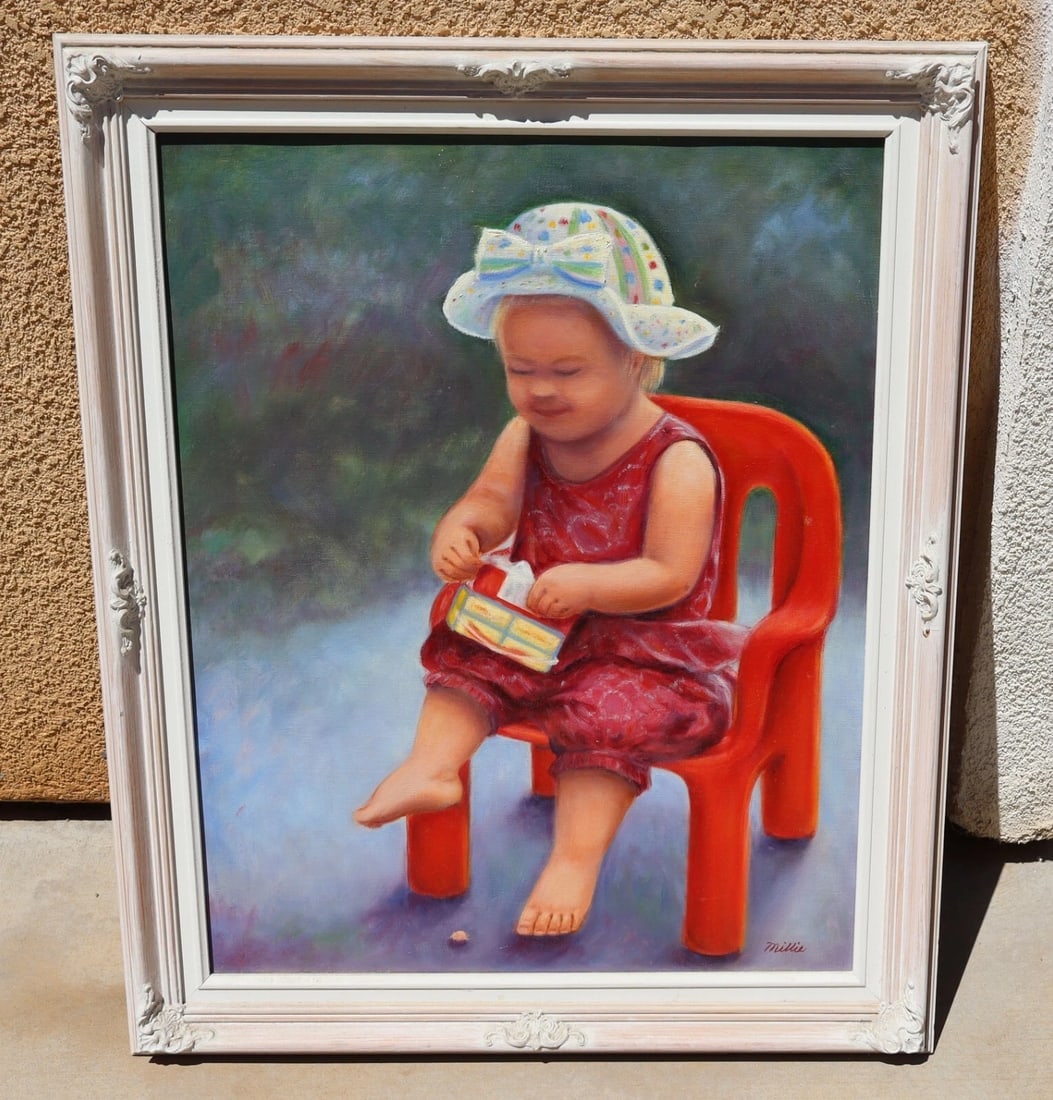 Seated Toddler Girl with Hat Holding a Toy oil by California artist Millie: Title:Seated Toddler Girl with Hat Holding a Toy oil by California artist Millie Description:Seated Toddler Girl Wearing a Hat, Holding a Toy, 28" x 22" oil on canvas (framed size: 33" x 27") signed l