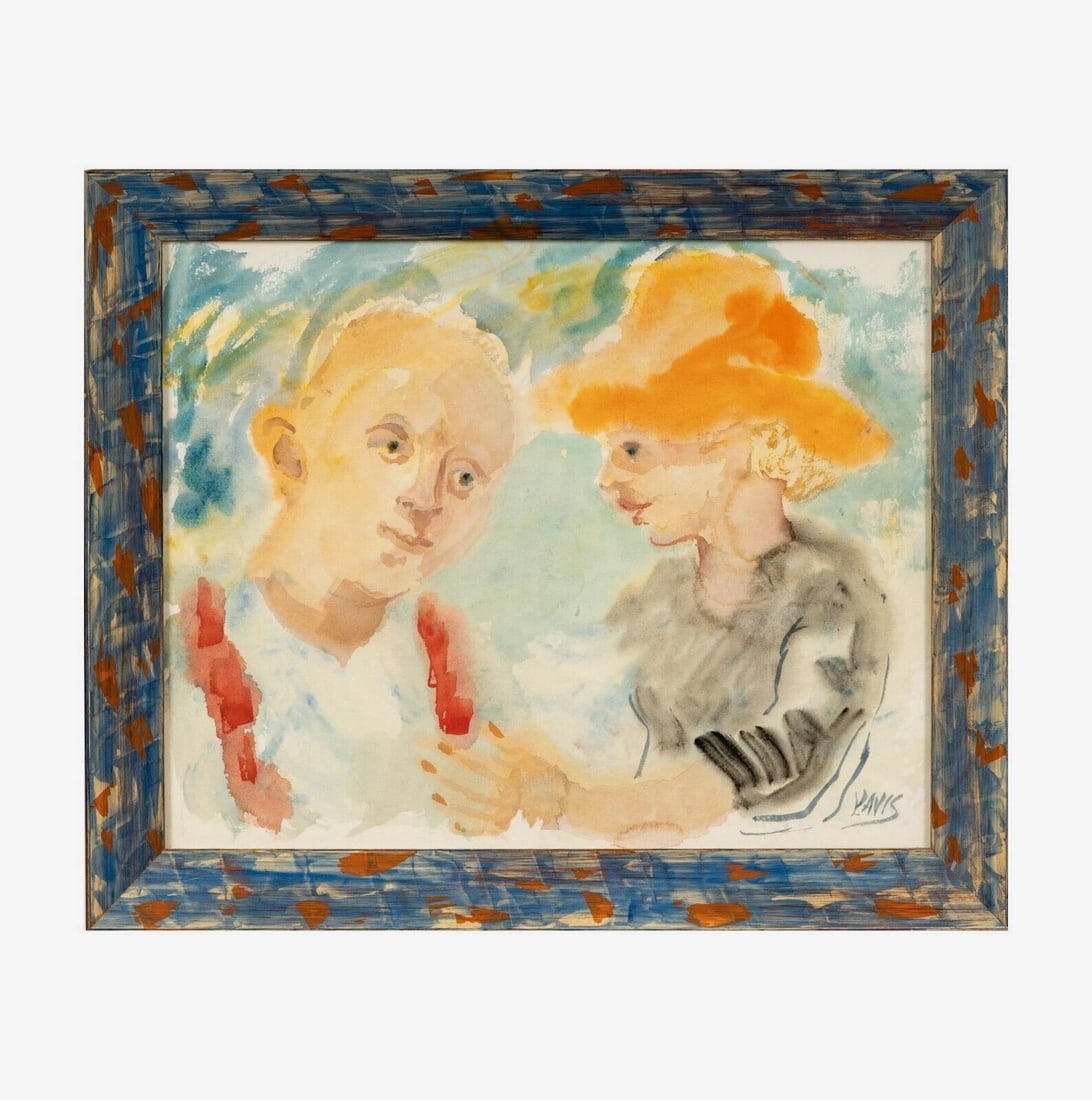 LOIS DAVIS (1924-2021 Indiana) Two Figures watercolor painting in unique frame (1 of 5)