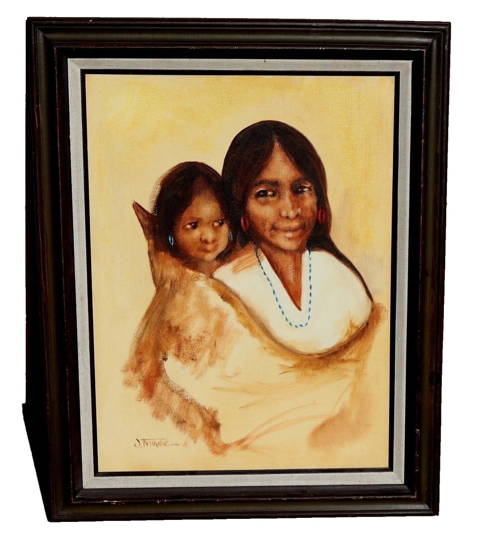 Artist Unidentified Vintage Native American Mother and Child 1978 oil painting: Title:Artist Unidentified Vintage Native American Mother and Child 1978 oil painting Description:Artist Unidentified. Vintage Native American Mother and Child, 1978, 24" x 18" oil on canvasboard