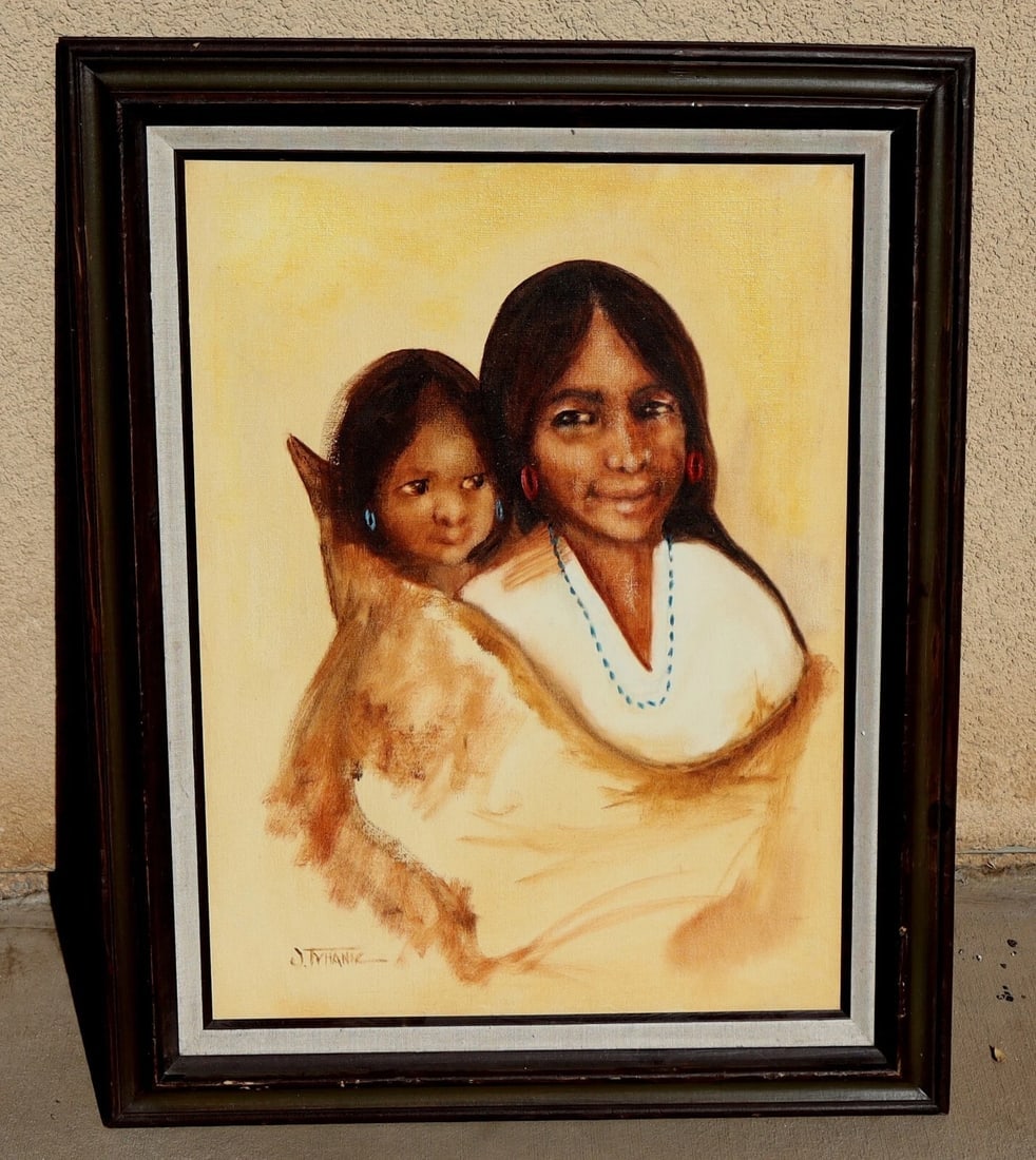 Artist Unidentified Vintage Native American Mother and Child 1978 oil painting - 3