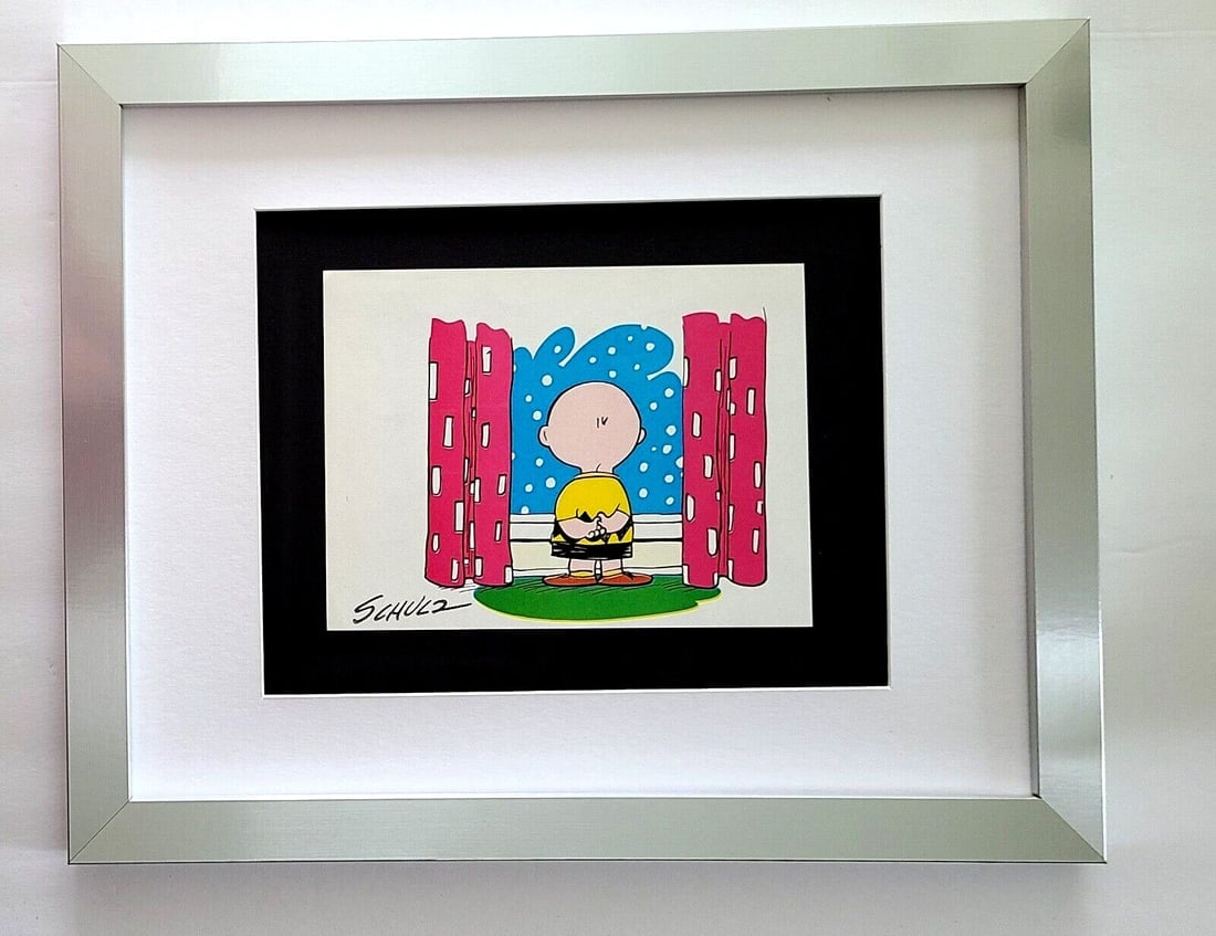 Charles Schulz Snoopy Peanuts Signed 1968 Christmas Cartoon Print Framed O: WE HAVE FOR SALE TODAY THIS BEAUTIFUL VINTAGE 1968 OFFSET LITHOGRAPH AFTER CHARLES M. SCHULTZ " CHRISTMAS PEANUTS CARTOON " FACSIMILE SIGNED IN INK THIS ART PRINT IS MATTED AND MOUNTED ON A 14 X 11