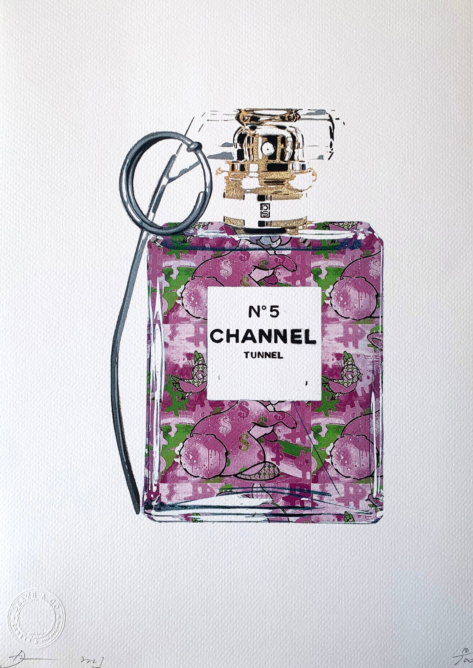 Death NYC Chanel 5: Title: Death NYC Chanel 5 Date/Period: 21st Century Materials:Giclee on Fine art 300 gsm paper Size:17 3/4 x 12 1/2 inches Description:Artist: Death NYC, limited edition giclee on paper, out of