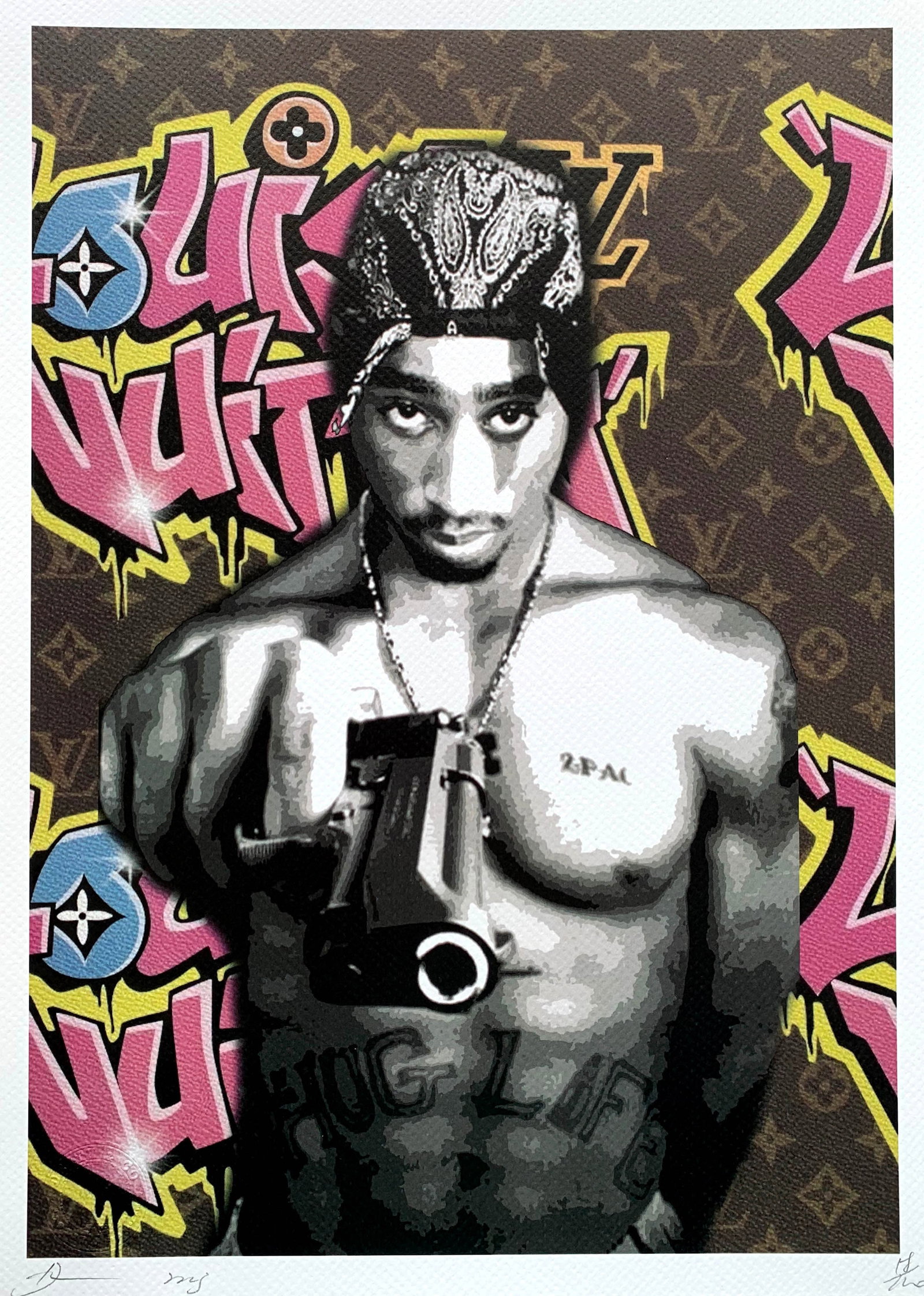 Death NYC Tupac Louis Vuitton: Title: Death NYC Tupac Louis Vuitton Date/Period: 21st Century Materials:Giclee on Fine art 300 gsm paper Size:17 3/4 x 12 1/2 inches Description:Artist: Death NYC, limited edition giclee on paper,